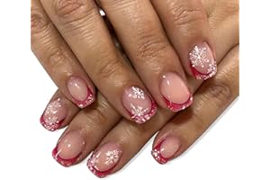 SHENGQIALUN 24pcs Christmas False Nails, Christmas Nails Short, French Cute Red Tips Stick On Nails With Snowflake Design, Glue On Nails For Women Press On Nails Short For Christmas Nail Art