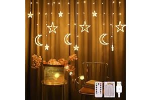 Lypumso Luces de Navidad LED, 3.5m Cortina de Luces Navidad Estrella Luna, 120LEDs Luces Navidad Ventana IP44 Pilas/USB con Control Remoto, para Decoracion Navidad, Fiesta, Ventana, Balcón, Jardin