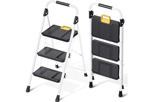 KINGRACK Escabeau Pliable 3 marches Charge maximale de 360kg Verrouillage de sécurité, pédales Larges accoudoirs escabeau escamotable légères pour la Maison, Cuisine, Placard et Bureau, Blanc