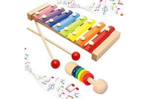 HCVGCM Xylophon Set, Buntes Holz Xylophon für Kinder 1 Jahr, Glockenspiel Musikinstrument mit 1 Regular Piano Strap, 2 Schlägeln und Eine 5-Ring Rassel, Ideal für Früherziehung, Reisen und Geschenke