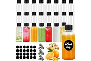 WOOWAIR Lot de 24 bouteilles en plastique de 60 ml à remplir, bouteilles de jus vides transparentes à remplir avec couvercles anti-fuite, 1 brosse de nettoyage, 1 stylo, 3 entonnoirs et 1 étiquette