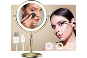 MATEPROX Lusterko do makijażu z oświetleniem, możliwość ponownego ładowania, dwustronne (lusterko powiększające 1X 10X), podświetlane, czujnik dotykowy, możliwość ściemniania, 3 kolorowe oświetlenie,