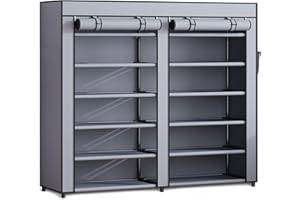 ‎MASSIDO Massido Kleiderschrank Stoffschrank Schuhschrank Faltbar Stabil 12 Ablagen Soffüberzug Stahlgestell 120 x 30 x 110 cm Graphit
