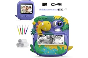 Aparat natychmiastowy z aparatem dziecięcym, aparat cyfrowy CAMCLID 2,4 cala Aparat natychmiastowy z dinozaurem dla dzieci z kartą 32G, prezenty dla chłopców i dziewcząt w wieku 3–12 lat (Fioletowy)