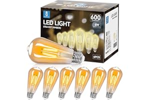 Aigostar ST64 Bombilla Edison Estilo Vintage. Bombilla Led E27 (Casquillo Gordo, 6W (Equivalente a 48W), Bombilla De Filamento Led Blanco Cálido (2200K). Ángulo De Haz 360º. No Regulable. Pack 6 Uds