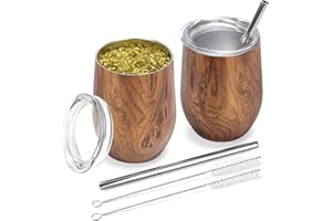 TELANKS Mate Tee Becher Set, 340 ml Mate Tee Tasse, Doppelwandiger 18/8 Edelstahl Mate Tasse mit Mate Strohhalm und eine Reinigungsbürste, Yerba Mate Becher (Holz, 2)