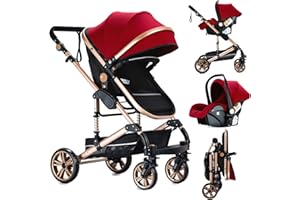 Reenborn Kinderwagen 3 in 1, Buggy mit Zwei Umkehrbaren Schiebemodi, Kinderwagen mit Rahmen Aluminiumlegierung, Kinderwagen 3 in 1 Komplettset mit Ein-Klick-Faltdesign Hohe Landschaft (739 Red)