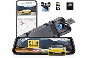 CAMECHO Retrovisor 4K 9. 66" Mirror Dash CAM Coche con Cámara 1080P, Delantera 150° y Trasera Dashcam 120° con ADAS y BSD Línea Inversa, Visión Nocturna, Sensor G, GPS y Tarjeta de 64 GB WiFi