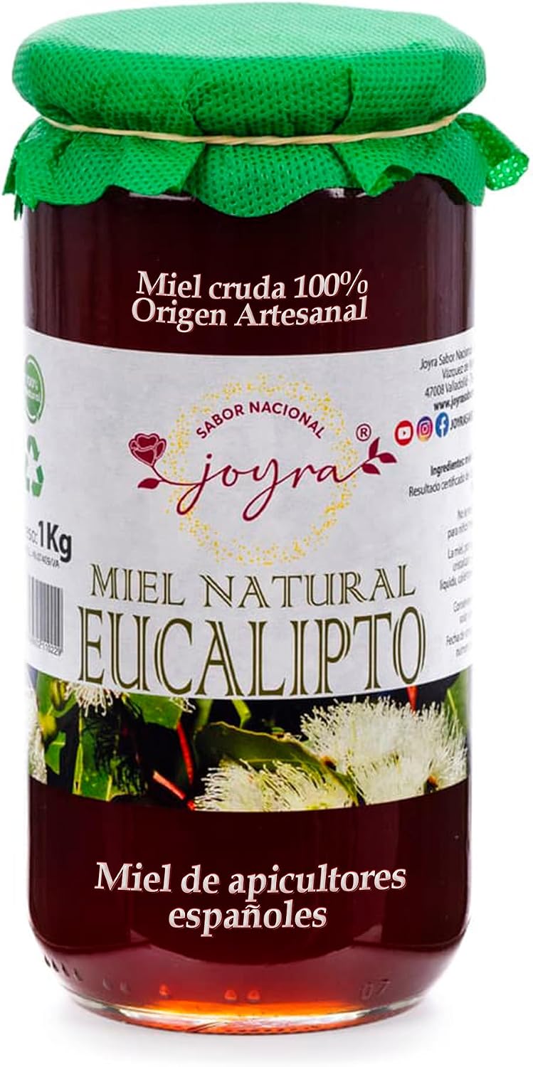 Miel Cruda, 100% MIel Pura de Abeja. Natural y Artesanal. 27 Variedades de sabores, APICULTURA ESPAÑOLA. Sin Pasteurizar, conservan Polen, Enzimas y Antioxidantes. (1 KG, Miel de Eucalipto)