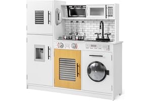 COSTWAY Kids Wooden Kitchen, Pretend Play Kitchen with Light, Sound, Oven, Washing Machine, Microwave, Water Dispenser, Telephone & Utensils, Children Chef Role Playset for Boys Girls