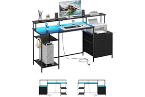 KIMENICH Bureau Gaming LED, Bureau Informatique Réversible et Multiprises, Étagère Réglable, 2 Tiroirs, Meuble de Rangement Bureau avec Support d'imprimante et Support d'écran, Noir