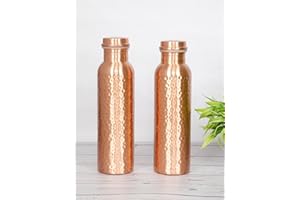 Arts Of India Pure Copper Water Bottle, Drink Ware Set, Capacity 1000 ml, Set of 2 (HAMMERED 2)