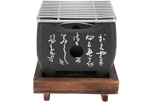 GREENSEN Mini Griglia per Barbecue Giapponese, Griglia da Tavolo Griglia Giapponese a Carbonella con Teglia e Base in Legno, Piccola Griglia Portatile per Balcone Esterno, Patio,
