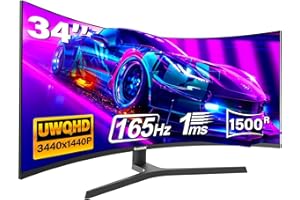 ‎GAWFOLK Gawfolk 34 Inch Ultrawide Curved Gaming Monitor 165 Hz, 1500R PC Screen UWQHD (3440 x 1440) Curved Computer Monitor with Height Adjustment, VESA 75 x 75