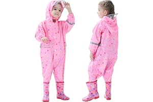 HOVKIB Kids Raincoats Girls Boys Puddle Suit Hooded All In One Waterproof Rainsuit Children Lightweight Prints Muddy Suit Reusable Rain Jacket Rainwear 1-10 Years