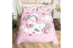 LOUSSIESD Einhorn Bettwäsche Mädchen 155x220 Kinder Einhörner Bettbezug Set Rosa Herz Stern Dekor Bettwäsche fürs bett Niedlich Pferd Einhorn Bettwäsche Set Unicorn Pferde Motiv Bettbezug mit 1 Kissenbezug