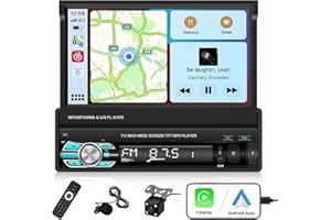 Hikity Bluetooth Autoradio 1 Din Carplay et Android Auto 7 Pouces Écran Tactile Retractable Carplay 1 din Poste Radio Voiture Bluetooth FM USB SWC Mirror Link pour iOS/Android +Caméra de Recul