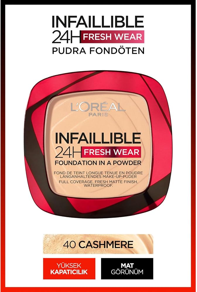 L'Oreal Paris Infaillible 24H Fresh Wear Pudra Fondöten 40 Cashmere | 24 saat dayanır, su geçirmez ve tere dayanıklı, ayna ve sünger dahil, Infaillible 24H Fresh Wear