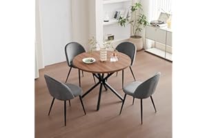 GrandCA HOME Esstisch- und Stuhlset, 100 cm Runder Esstisch und 4 Nordische Samtstühle, Geeignet für Wohnzimmer, Esszimmer, Küche (Dunkle Holzmaserung + Grau)