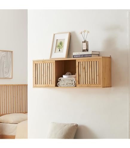 Étagère Murale Grums Avec 2 Portes Coulissantes Bambou 93 X 20 X 33 Cm Naturel [en Casa