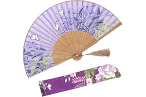 OMyTea "Lily" Chinese/Japanese Women Hand Held Silk Folding Fans with Bamboo Frame - With a Fabric Sleeve for Protection (WZS-9)