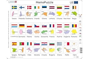 Larsen GP2 MemoPuzzle: Nomi, Bandiere e Capitali dei 27 Stati Membri dell'UE, Edizione Italiano, Puzzle Incorniciato con 54 Pezzi