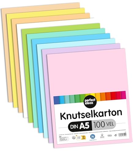 perfect ideaz 50 vel DIN A4 pastel fotokarton gekleurd, knutselpapier, set vellen doorgeverfd, 10 verschillende light kleuren, 300 g/m², gekleurd tekenpapier voor knutselen, doe het zelf