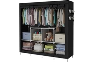 ACCSTORE Portable Wardrobe Clothing Wardrobe Shelves Clothes Storage Organiser With 4 Hanging Rail,Black