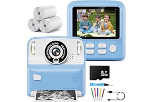 Appareil Photo Instantané Enfant, Kaishengyuan 2,4" 1080P Appareil Photo Enfant avec 32GB Carte & Papier d'impression, Stylos Colorés, Cadeau pour Filles Garçons de 3-12 Ans(Bleu)