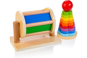 JUSTWOOD Montessori Spinntrommel aus Holz Stapelspielzeug für Säugling 6-12 Monate Regenbogenstapler Spinning Drum Lernspielzeug für Kleinkinder Geschenk für Baby Jungen Mädchen ab 1 Jahr