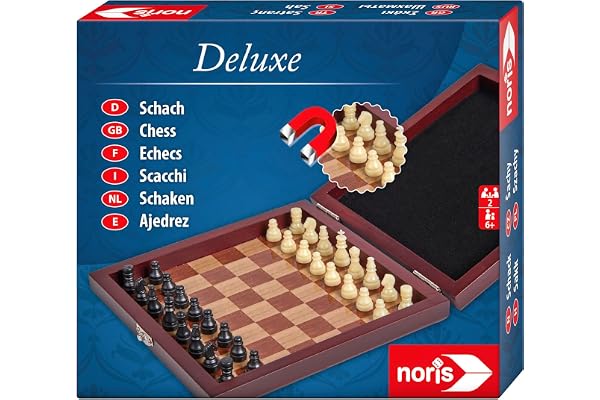 Noris 606108005 - Deluxe Magnetiskt Schack - Magnetiska Pjäser, Högkvalitativ Trälåda, Resestorlek, 2 Spelare, 16x16 cm, Språk: D,GB,F,I, Från 6 År