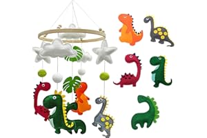 SUNSHINE SMILE Baby Mobile Cot With Crochet Dinosaur, Hanging Decorations, Wooden Wind Game and Chimes for Girls and Boys - Newborn Gift