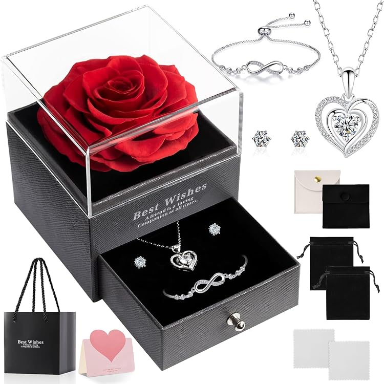DEEMEI Ewige Rose Mit Halskette – Konservierte Echte Rose, „I Love You“-Gravur, Geschenk Für Sie Zu Valentinstag & Co.