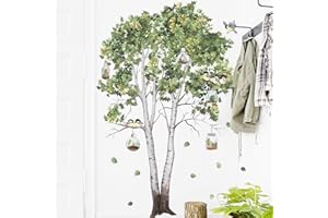 MERYSAN Tropical Plants Large Tree Wall Sticker with Flying Birds, Removable Pastoral Style Fruit Tree Birdcage Hanging Basket Decals Decor, DIY Art Murals for Nursery Bedroom Living Room Decoration (B)