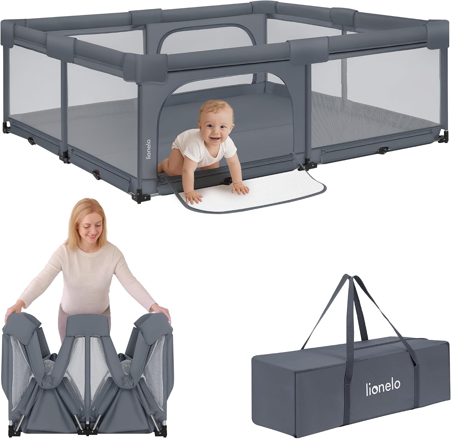 Lionelo Florence XL Easy Fold Parque Infantil Bebé Plegable, Corralito Bebé XL con Rejilla Transpirable, sin Montaje, 2 Entradas con Cremallera, Bordes Acolchados y Fácil de Limpiar, 180 x 200 cm
