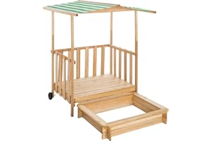 TecTake 800792 Recinto di Sabbia per Bambini, Sabbiera per Esterni Giardino, Veranda in Legno, Casetta di Gioco, Parasole, Ruote da Trasporto -Disponibile in Diversi Colori (Verde)