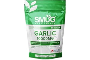 SMUG Supplements Garlic Tablets - 100 Tablets - Super Strength Pills - Concentrated Extract Equivalent to 10000mg Raw Herb - Resealable Pouch - Vegan Friendly - Made in Britain