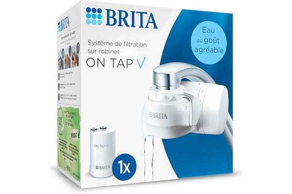 BRITA système de filtration sur robinet ON TAP V (inclus x1 filtre à eau) - SATISFAIT OU REMBOURSÉ*, Blanc