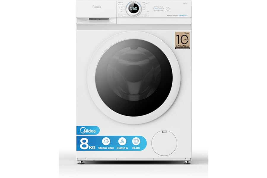 Midea MF10EW80B Slim Front Load Washing Machine, 8 kg, 1400 RPM, Class A, Steam, BLDC Motor, Quick Programme, Various Water Temperature, White