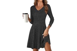 ROFUSSO Abito a Maniche Lunghe in Maglia da Donna Abito Autunnale in Maglia con Scollo a V Elegante Abito Midi in Maglia Abito Casual al Ginocchio con Linea ad A Abito Invernale