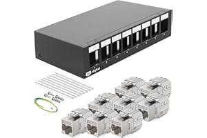 HB-DIGITAL 8-portowy panel krosowy panel krosowy 1 HE 8 x CAT 7 RJ45 Keystone Jack moduł w pełni ekranowany, STP 10 Gbps, kompatybilny z kablem, kablem sieciowym Ethernet LAN - czarny