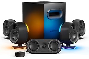 SteelSeries Arena 9 - Système d’enceintes gaming 5.1 - Son surround 5.1 via USB - Haut-parleurs arrière sans fil - Haut-parleurs à 2 voies - Caisson de basses - RVB réactive - USB, Bluetooth