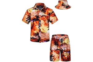TUNEVUSE Little & Big Boys Hawaiian Button Down Shirts and Short Sets with Bucket Hat Summer Outfits Printed Kids Cabana Set