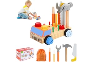 AUNIQ Giocattoli di legno per bambini Set di attrezzi Giocattoli montessoriani per bambini di 2 3 4 5 6 anni Cassetta degli attrezzi in legno gioco di ruolo cacciavite con borsa di stoccaggio per bambini