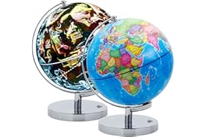 Exerz Globo Terráqueo Iluminado 23cm, Mapa en Español, con Soporte de Metal – Mapa Político y Constelaciones Estelares (Modo Nocturno), Lámpara LED Sin Cable