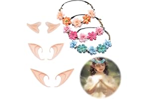 AIXIMA 3 Paar Elfenohren, Weiche Elfenohren Latex Elfenohren + 3 Stück Blumenkränze, for Erwachsenes Kind Elfen-Cosplay Halloween Karneval Maskerade Party