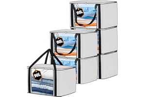 KURNI Storage Bags Clothes Organizer 6 Pack White, Large Moving Boxes With Top Lid 90L Capacity, 3 Sided Zipper Storage Box. Dust/Mites & Moisture Proof 60 x 43 x 35cm