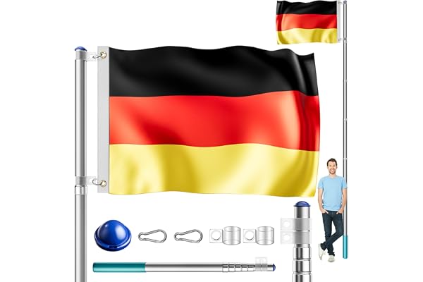 MONZANA Mât télescopique en aluminium - 6,30 m - Douille de sol de 60 cm - Avec drapeau de l'Allemagne