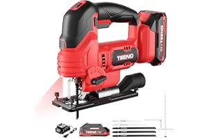 TEENO Seghetto Alternativo Senza Fili Per Due Batterie Makita 20V 2.0 AH, Seghetto Alternativo a Batteria Laser 800-3000 SPM, 6 VELOCITÀ, LED, Angolo ±45°, 5 lame per Legno, Plastica, Metallo