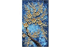 QUANHUA 100% Puro Dipinti a Mano Verticale Dipinti ad Olio 3D,Astratti Albero della fortuna Fiori d'oro su Tela Pittura Moderna Poster Art Stile Decor Quadri per Soggiorno,B,60×120cm